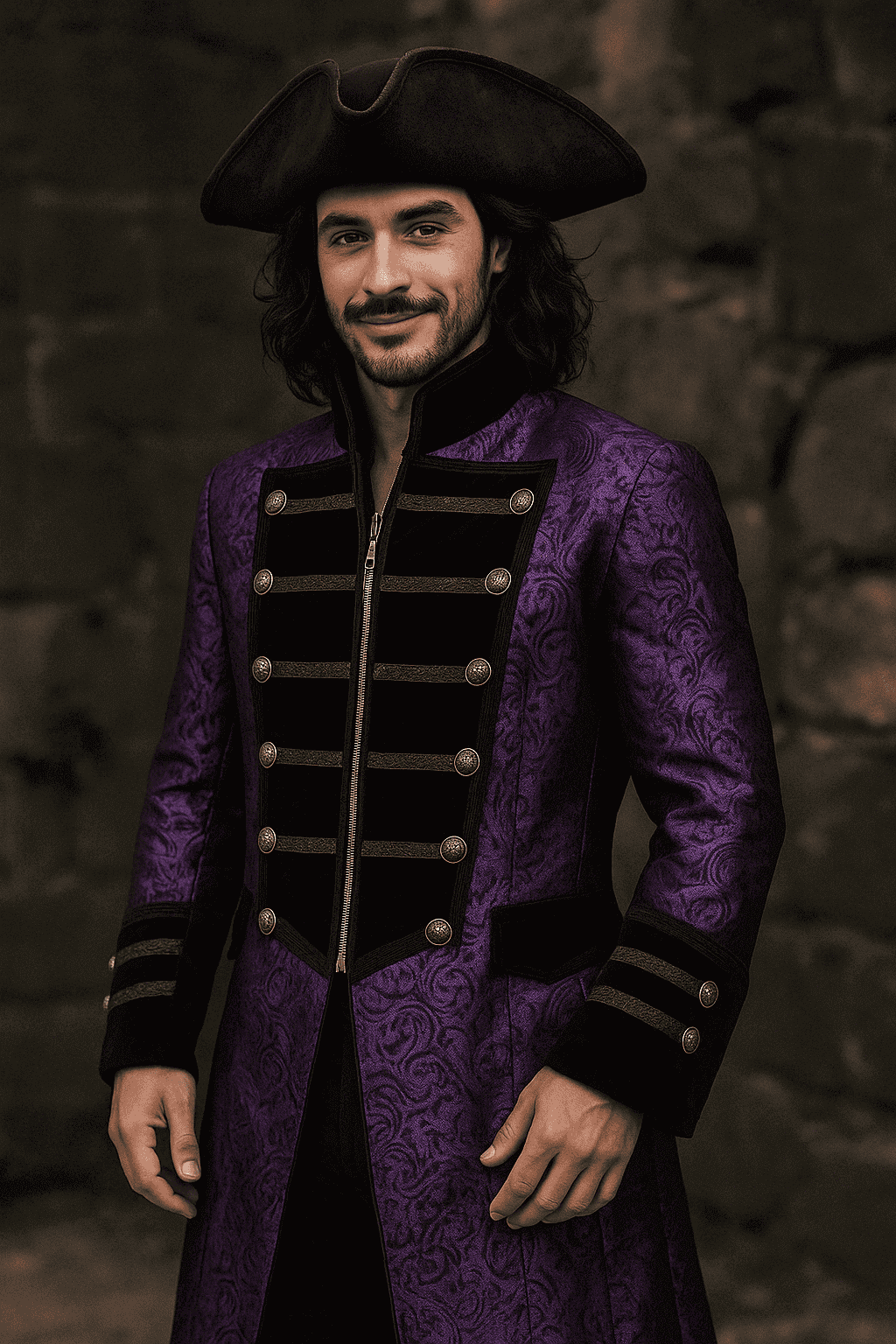 Pirate Coat – Roguish Royalty Purple Brocade & Black Velvet worn by a man with long hair and a tricorn hat.