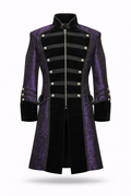 Purple brocade pirate coat with black velvet and gold buttons.