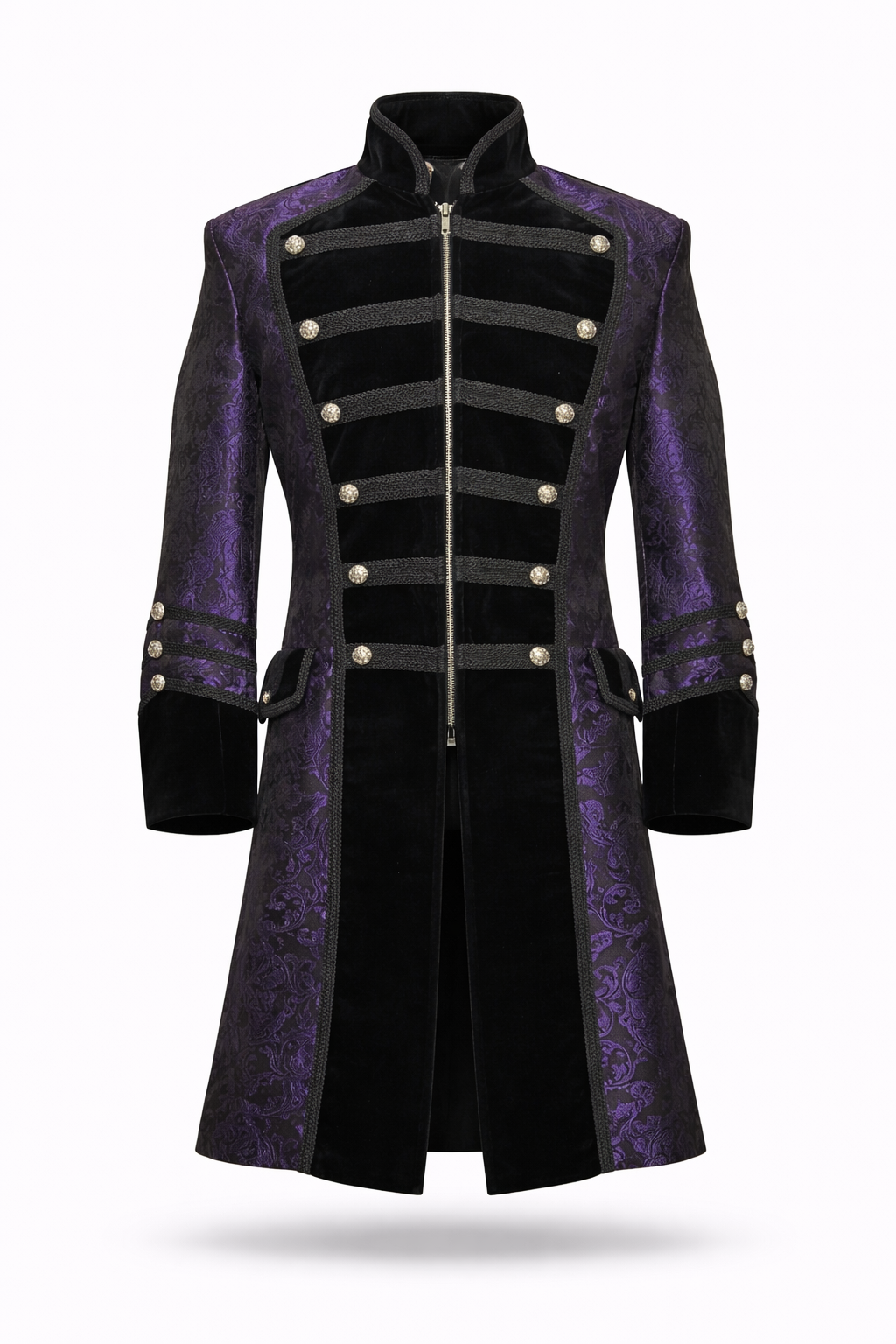 Purple brocade pirate coat with black velvet and gold buttons.