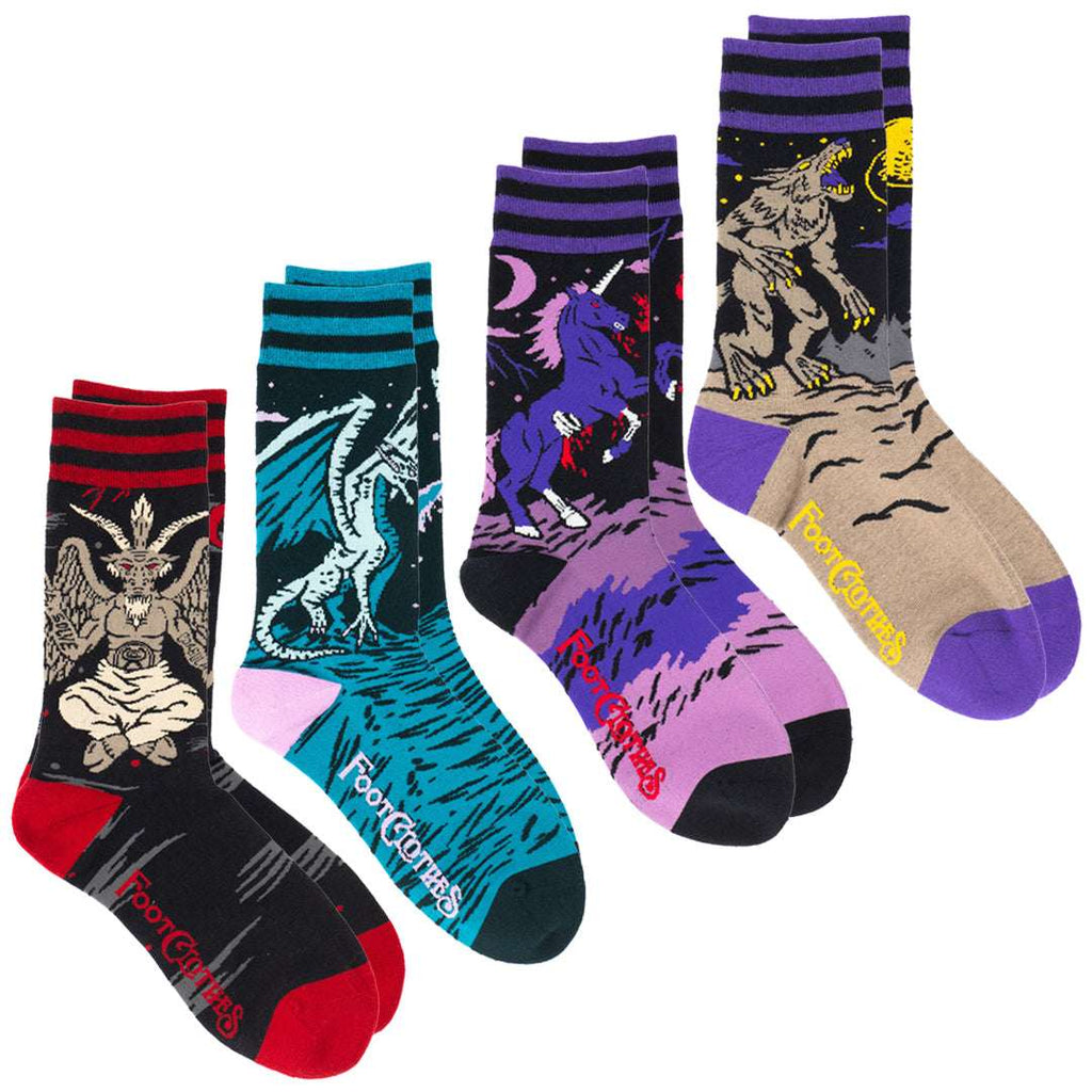 Four-design Evil AF mythical-creature crew sock pack.