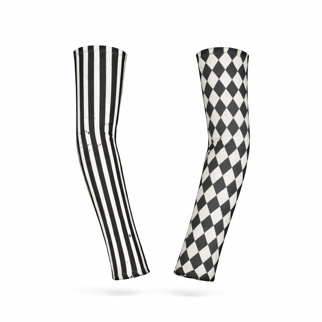 CARNYVL Dirty Diamonds Fingerless Gloves featuring black-and-white striped and harlequin diamond prints.