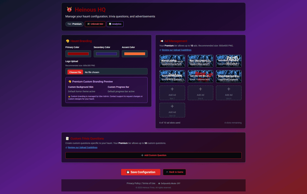 Heinous Trivia™ — Live Horror Trivia Game for Haunted Attractions management interface showcasing customization options.