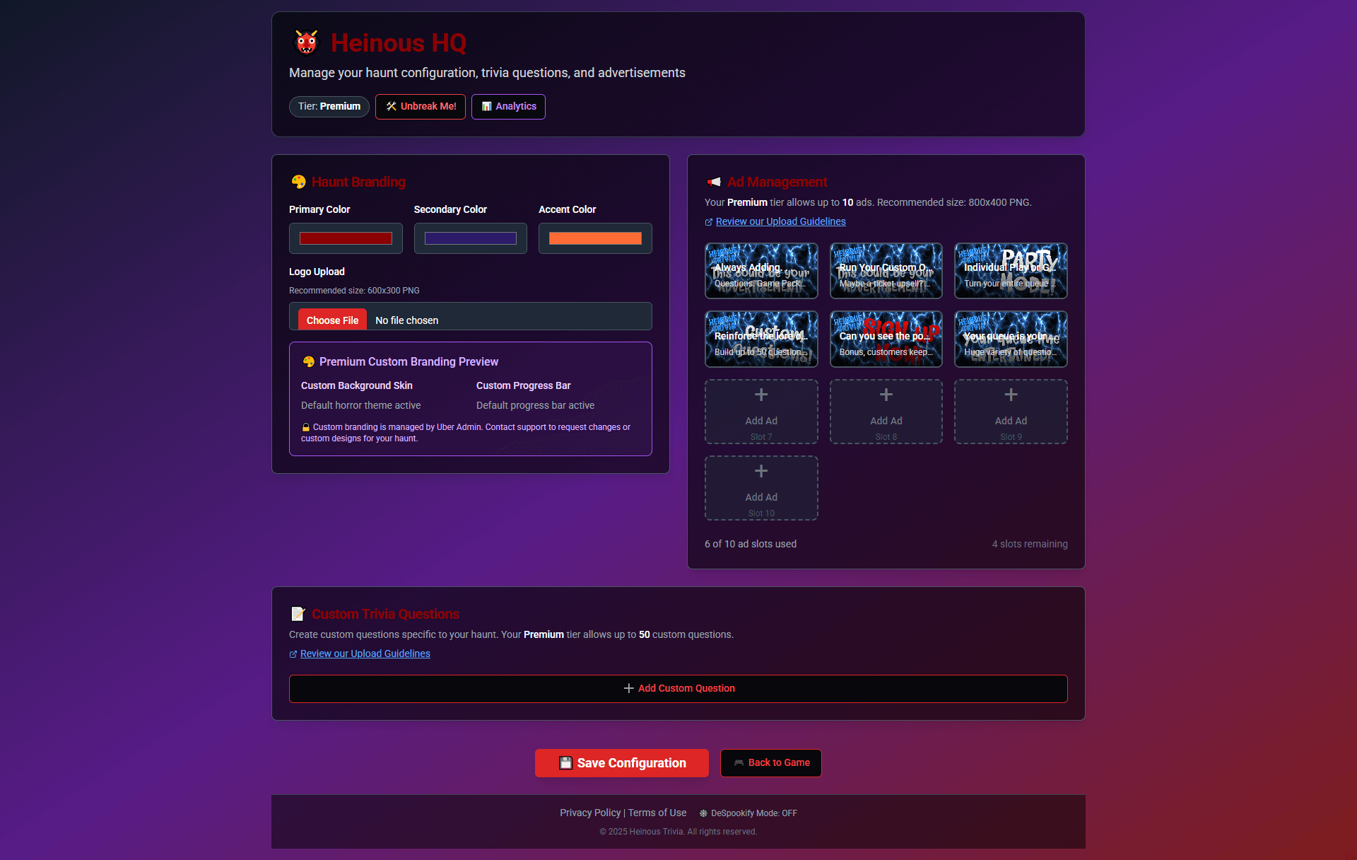Heinous Trivia™ — Live Horror Trivia Game for Haunted Attractions management interface showcasing customization options.