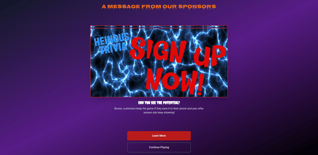 Heinous Trivia™ — Live Horror Trivia Game for Haunted Attractions sign up banner with electric effects.