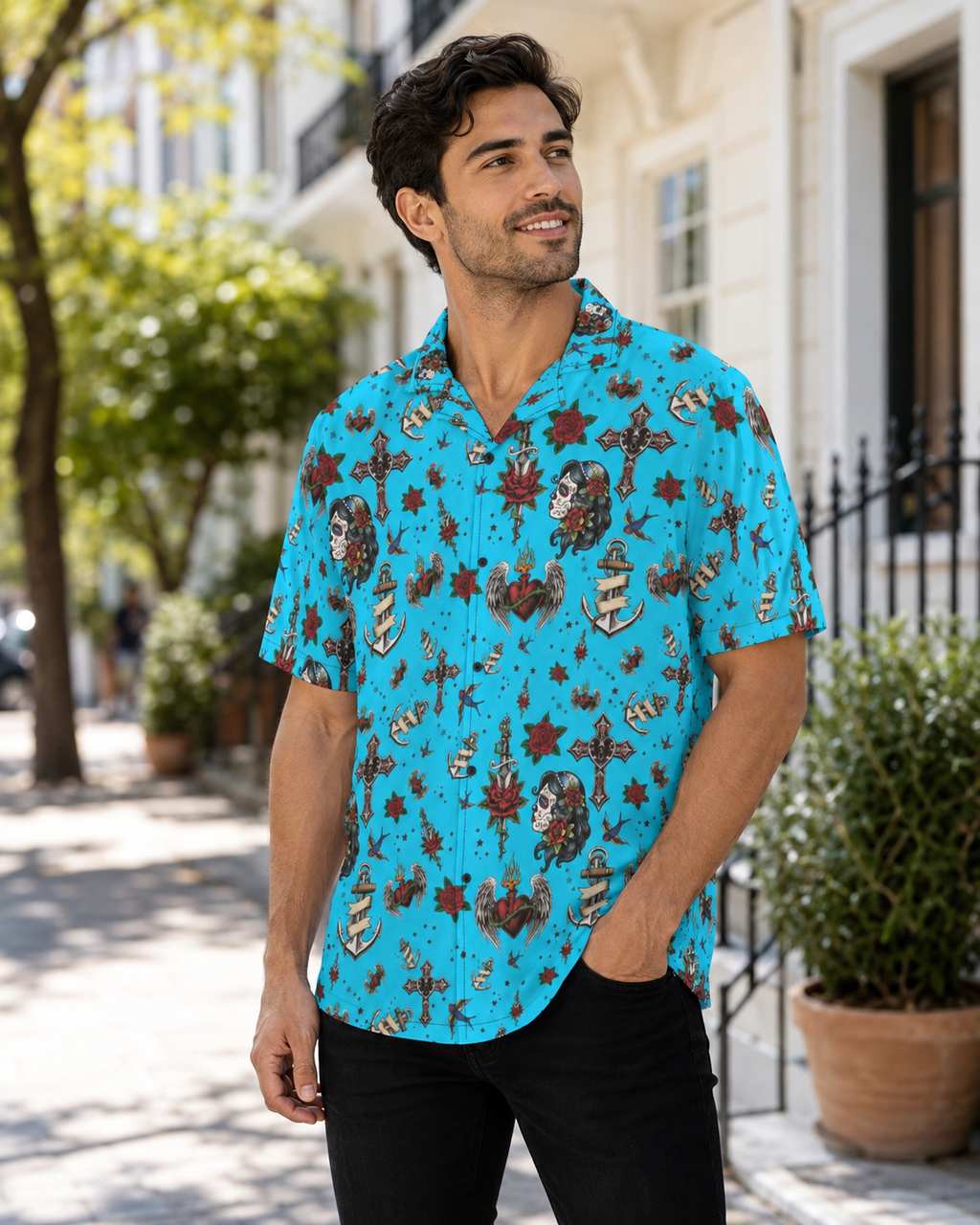 Flasher Tattoo Camp Shirt styled on a model, showing the relaxed unisex fit