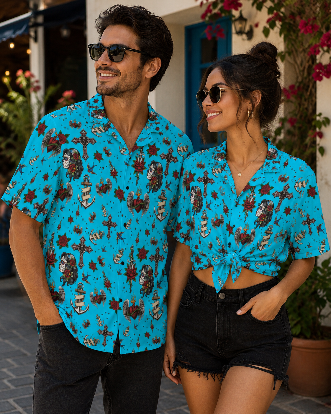 Lifestyle view of the Flasher Tattoo Camp Shirt with retro tattoo flash artwork