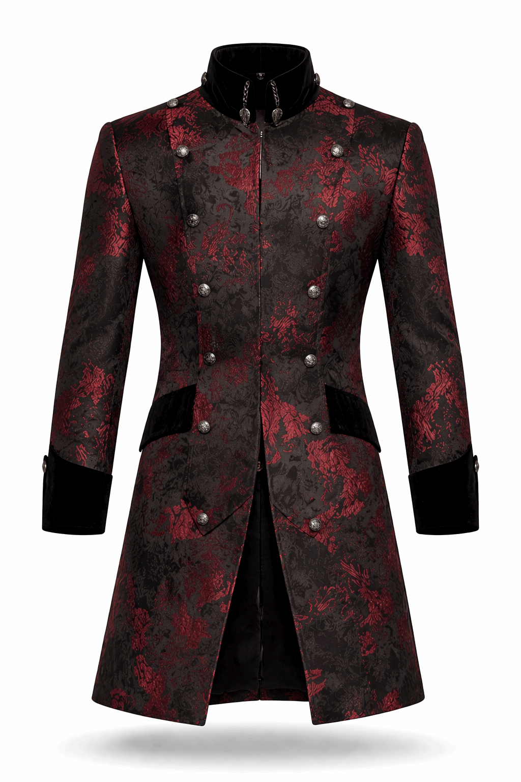 Black pirate coat with red brocade pattern.
