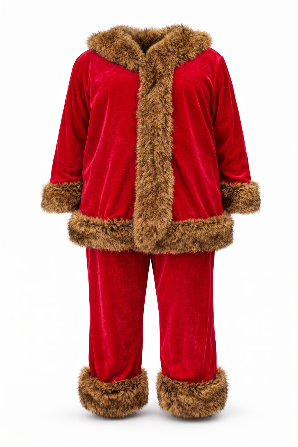 Trim & Tradition Santa Suit featuring a red velvet jacket and pants with fur trim for a festive look.