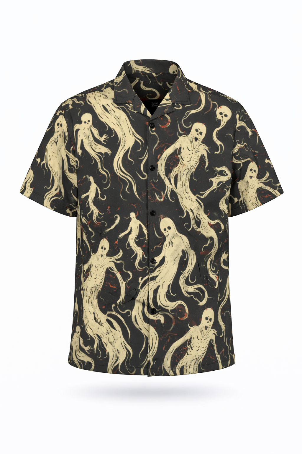Ghouls short-sleeve button-up shirt featuring ghostly print on dark background, perfect for Halloween lovers.