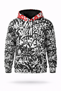 WREKED graffiti pullover hoodie with red-lined hood.