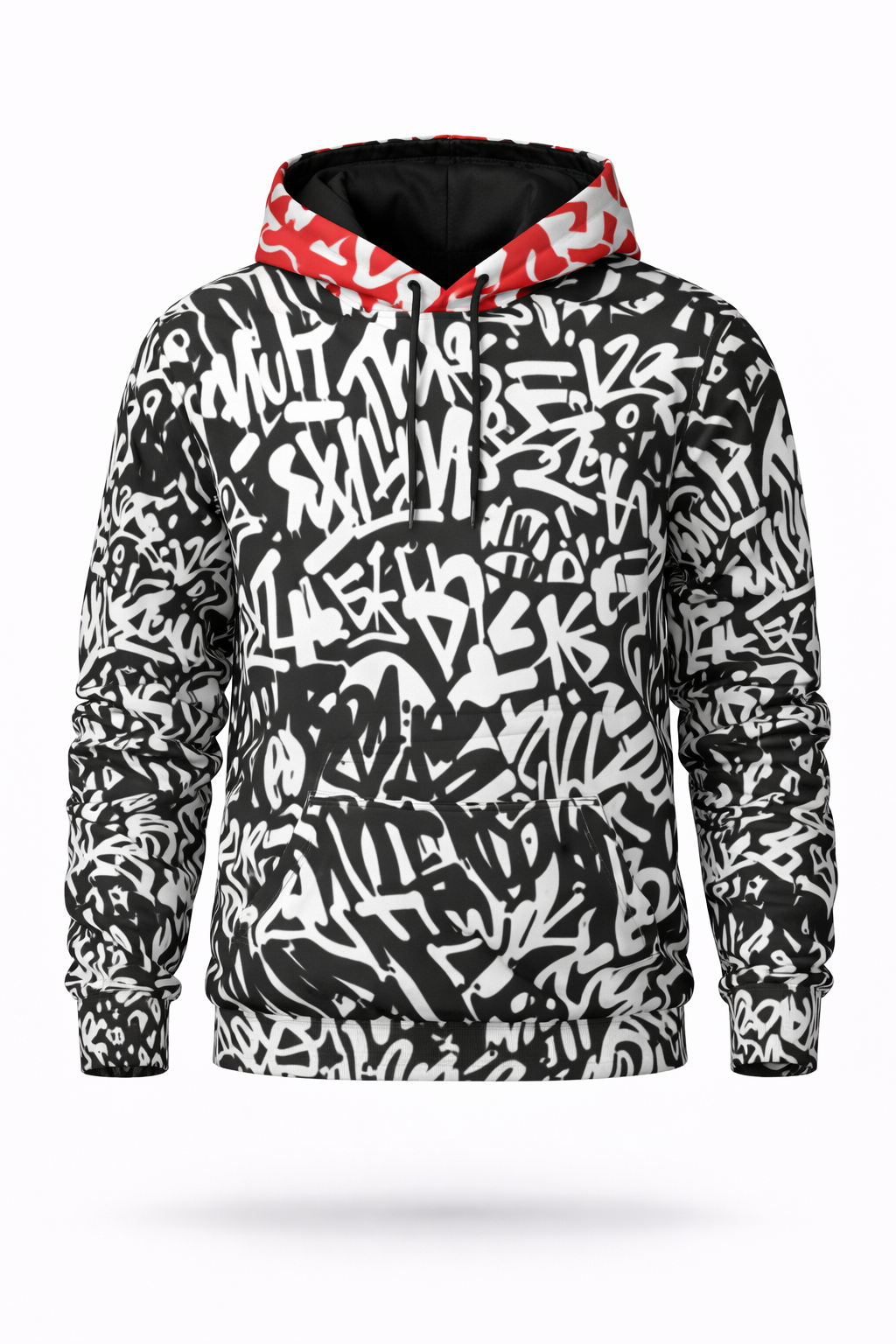 WREKED graffiti pullover hoodie with red-lined hood.