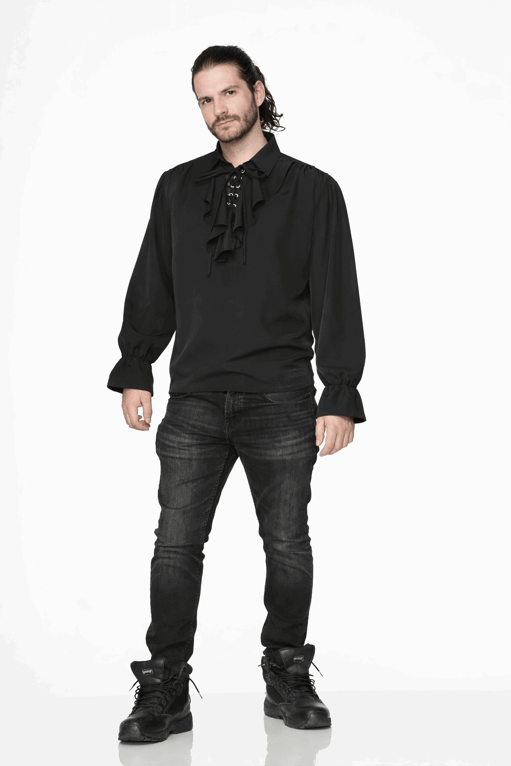 Black Pirate Poet Shirt featuring a lace-up front and full ruffle sleeves for dramatic looks.