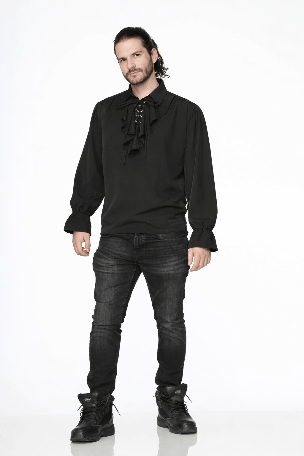 Black Pirate Poet Shirt featuring a lace-up front and full ruffle sleeves for dramatic looks.