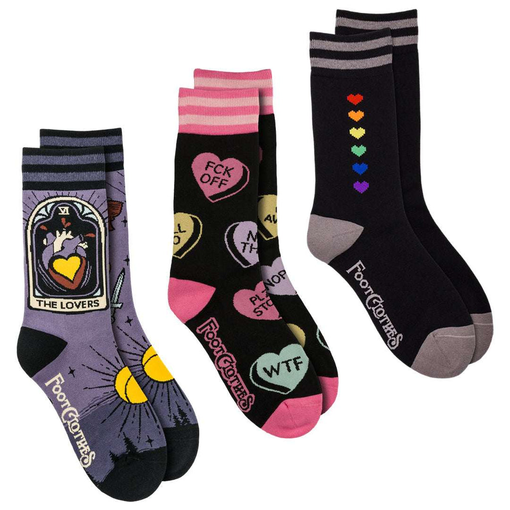 Three-design heart crew sock pack.