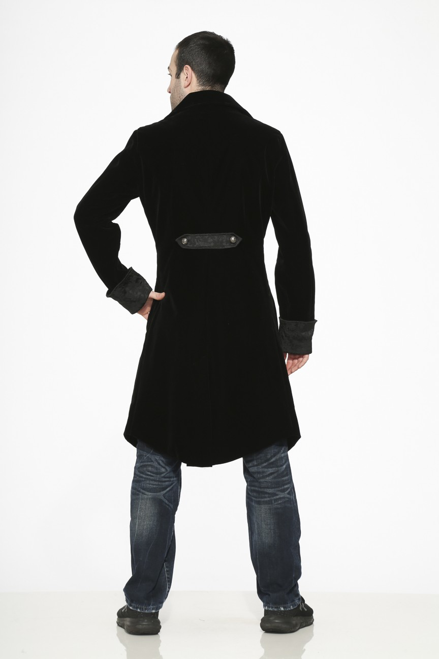 Victorian inspired velvet coat displayed from the back, showcasing the elegant design and braided frog closure.