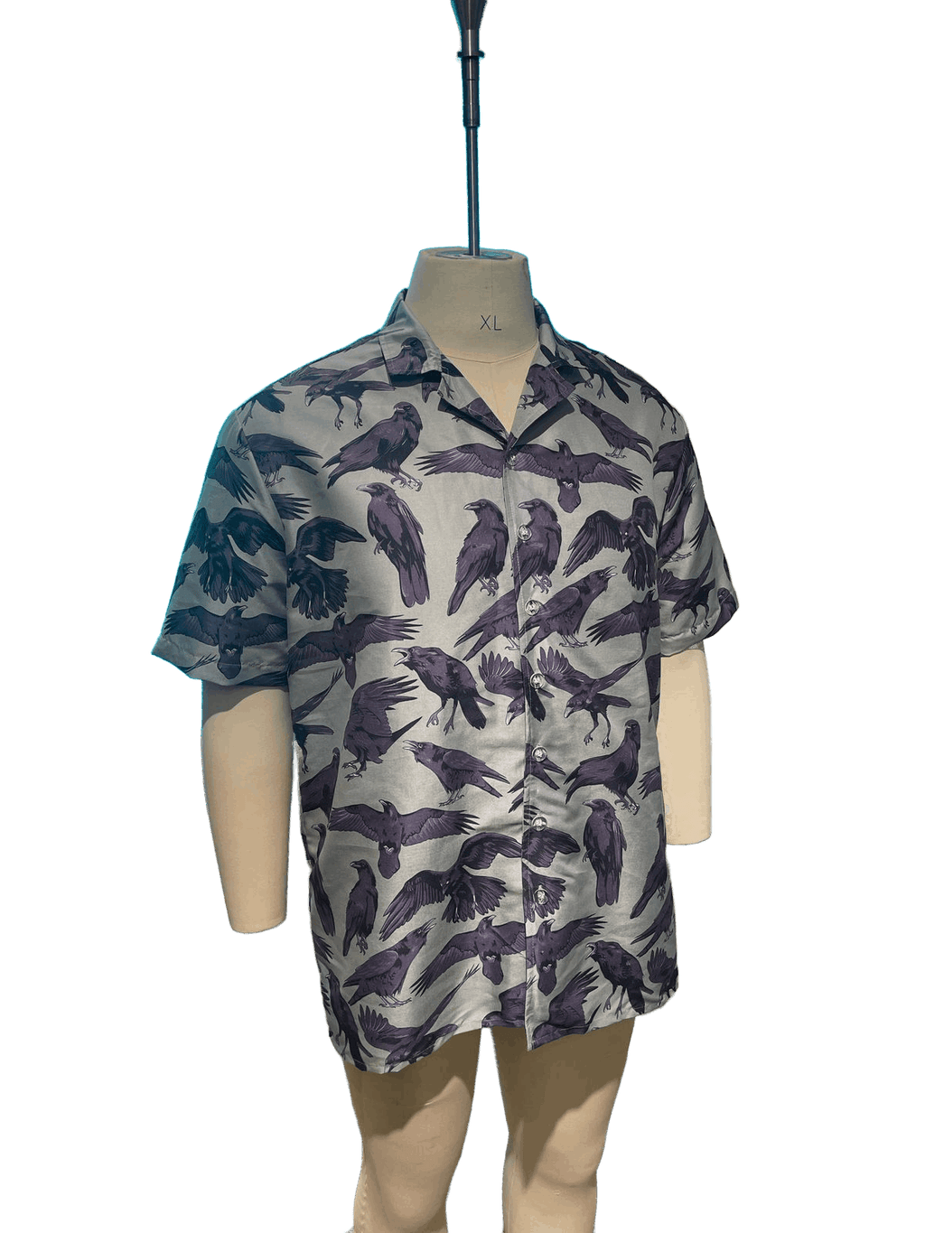 The Flock Gothic Button-Up Shirt featuring purple-blue ravens on a cool gray-green base.