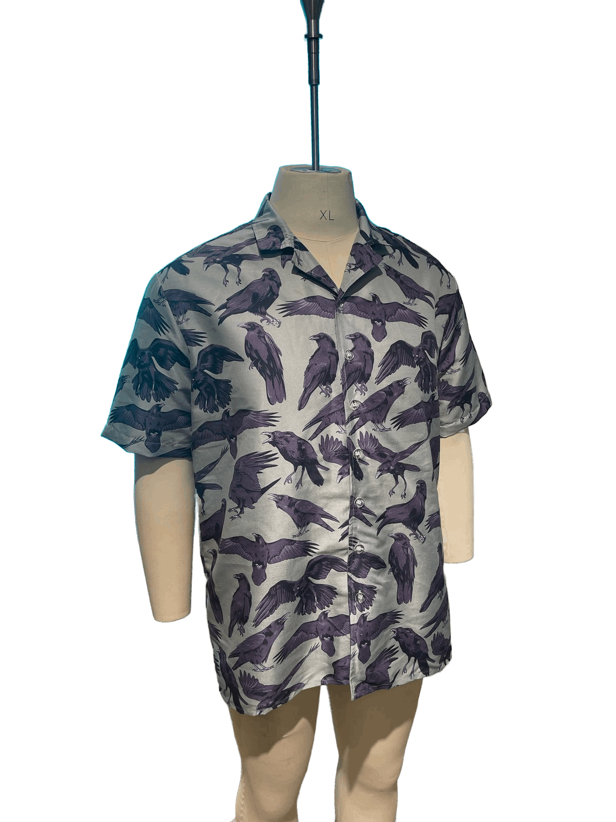 The Flock Gothic Button-Up Shirt featuring purple-blue ravens on a cool gray-green base.