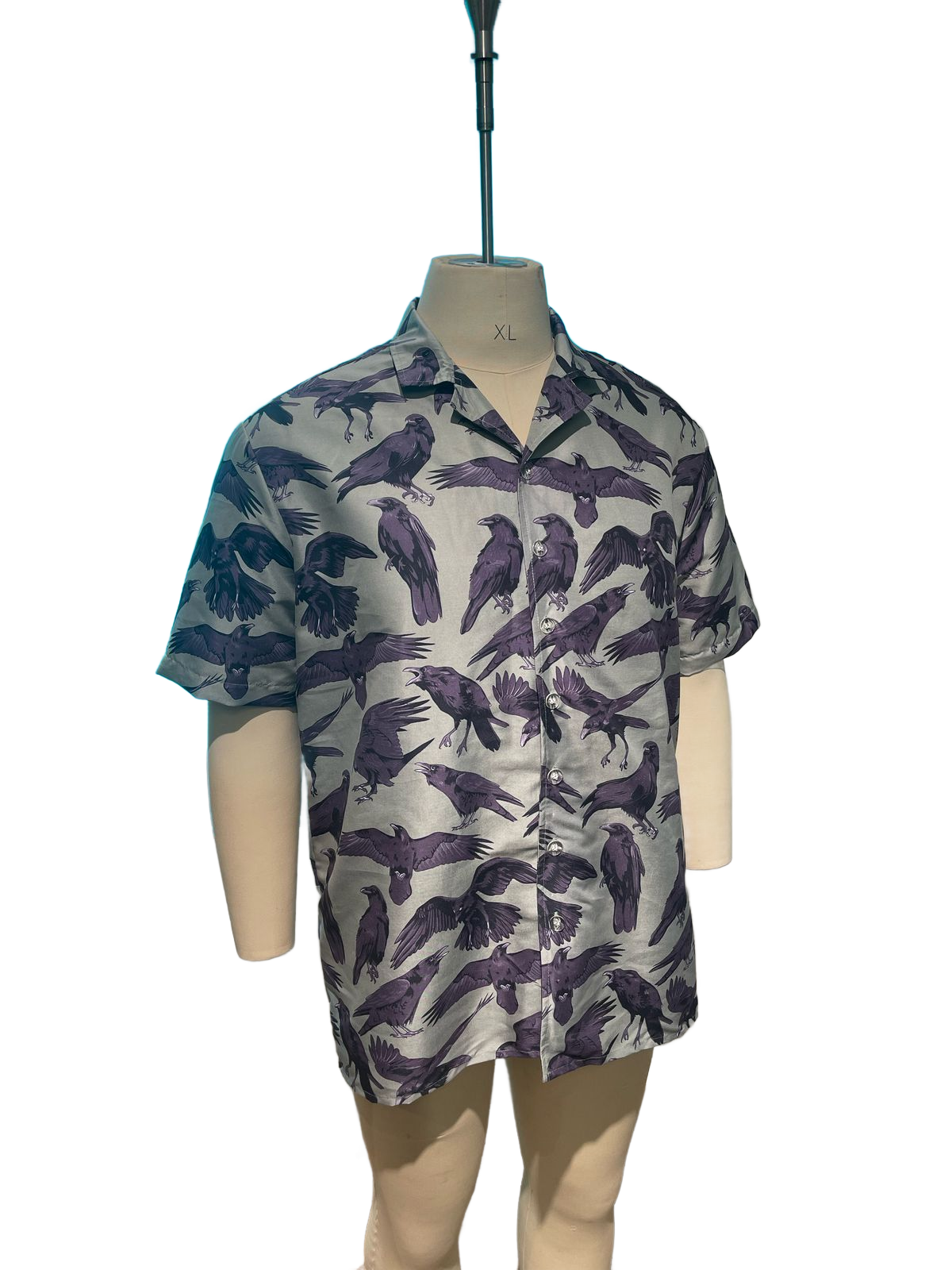 The Flock Gothic Button-Up Shirt featuring purple-blue ravens on a cool gray-green base.