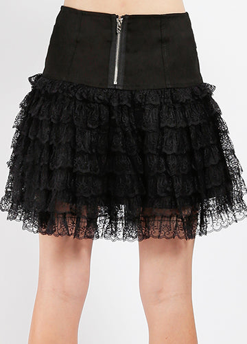 Black tiered skirt with lace details on a white background
