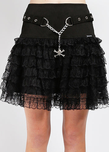Black ruffled skirt with chain and skull detail on a plain background