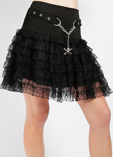 Black ruffled skirt with chain detail on a white background