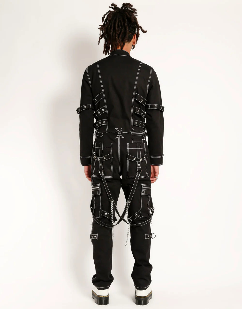 TrippNYC Control Jumpsuit – Unisex Gothic Punk Streetwear showcasing a model wearing the back view of the jumpsuit.