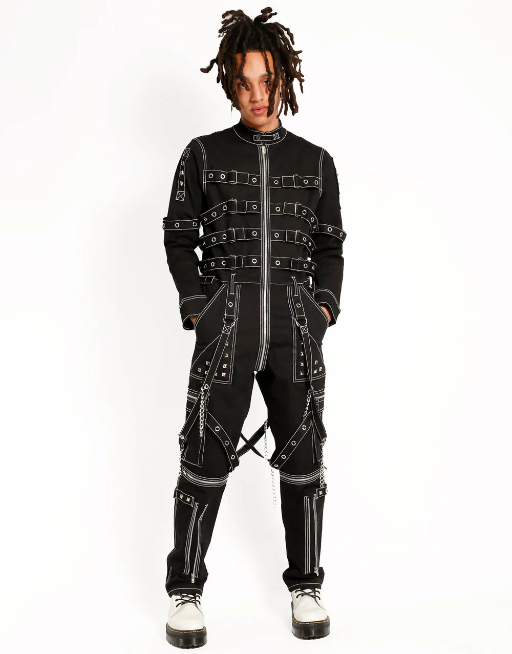 TrippNYC Control Jumpsuit – Unisex Gothic Punk Streetwear modeled by a person with long hair in a striking pose.