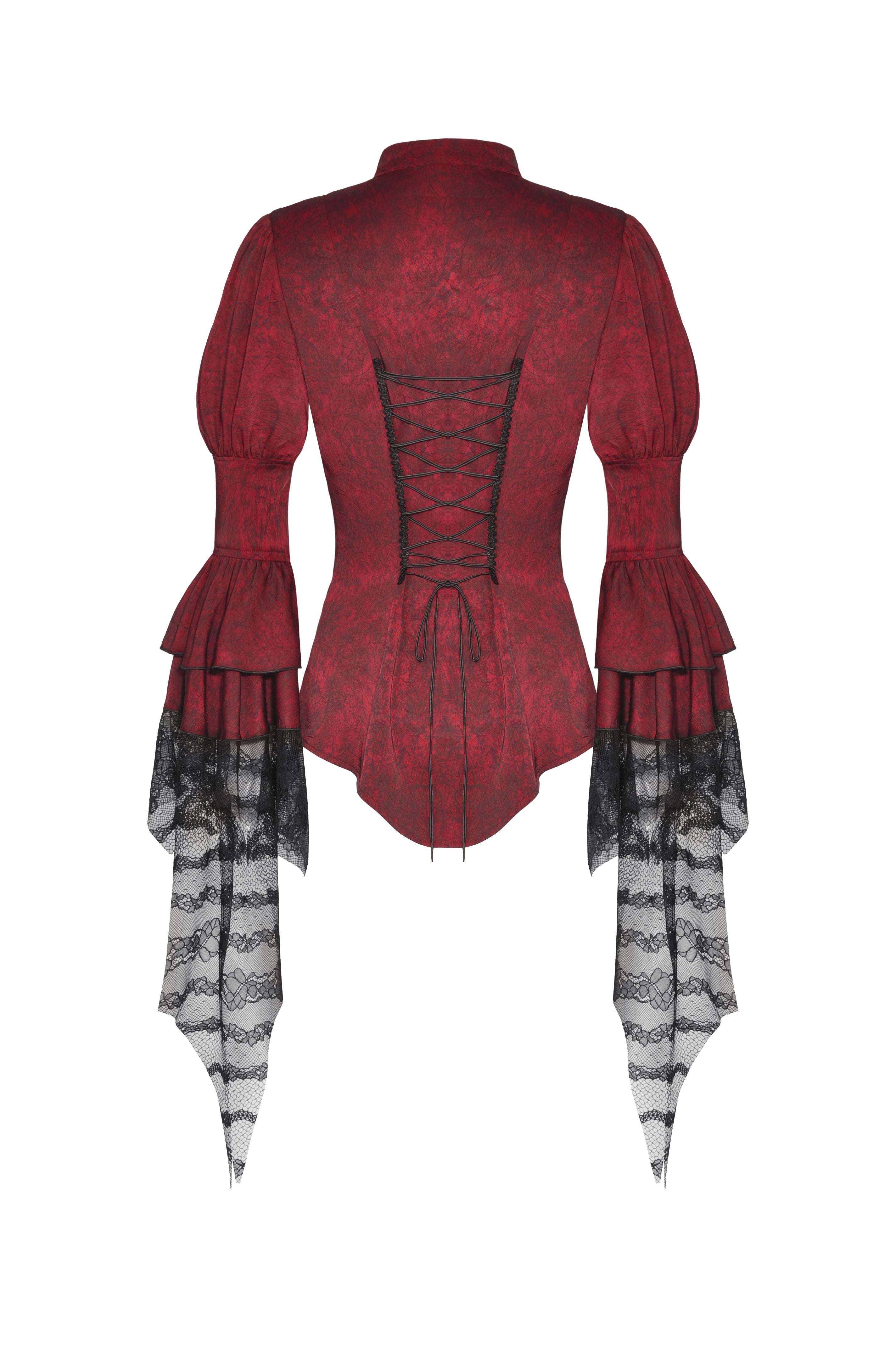 Crimson Gothic Button-Up Blouse with Removable Ascot