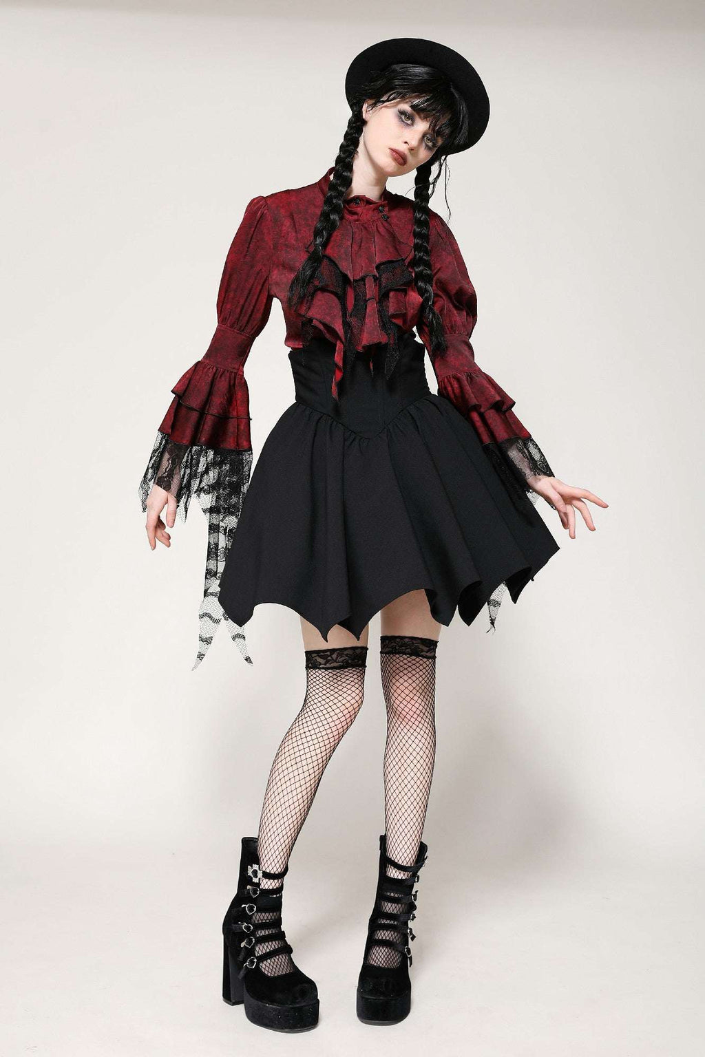 Crimson Gothic Button-Up Blouse with Removable Ascot