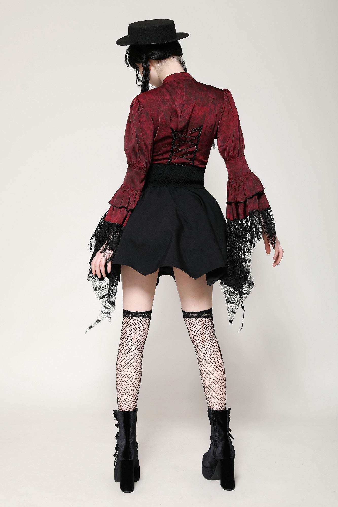 Crimson Gothic Button-Up Blouse with Removable Ascot