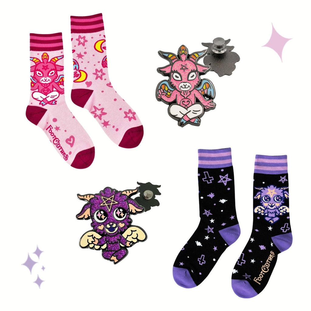 Cute and Baby Baphomet socks and pins gift pack.