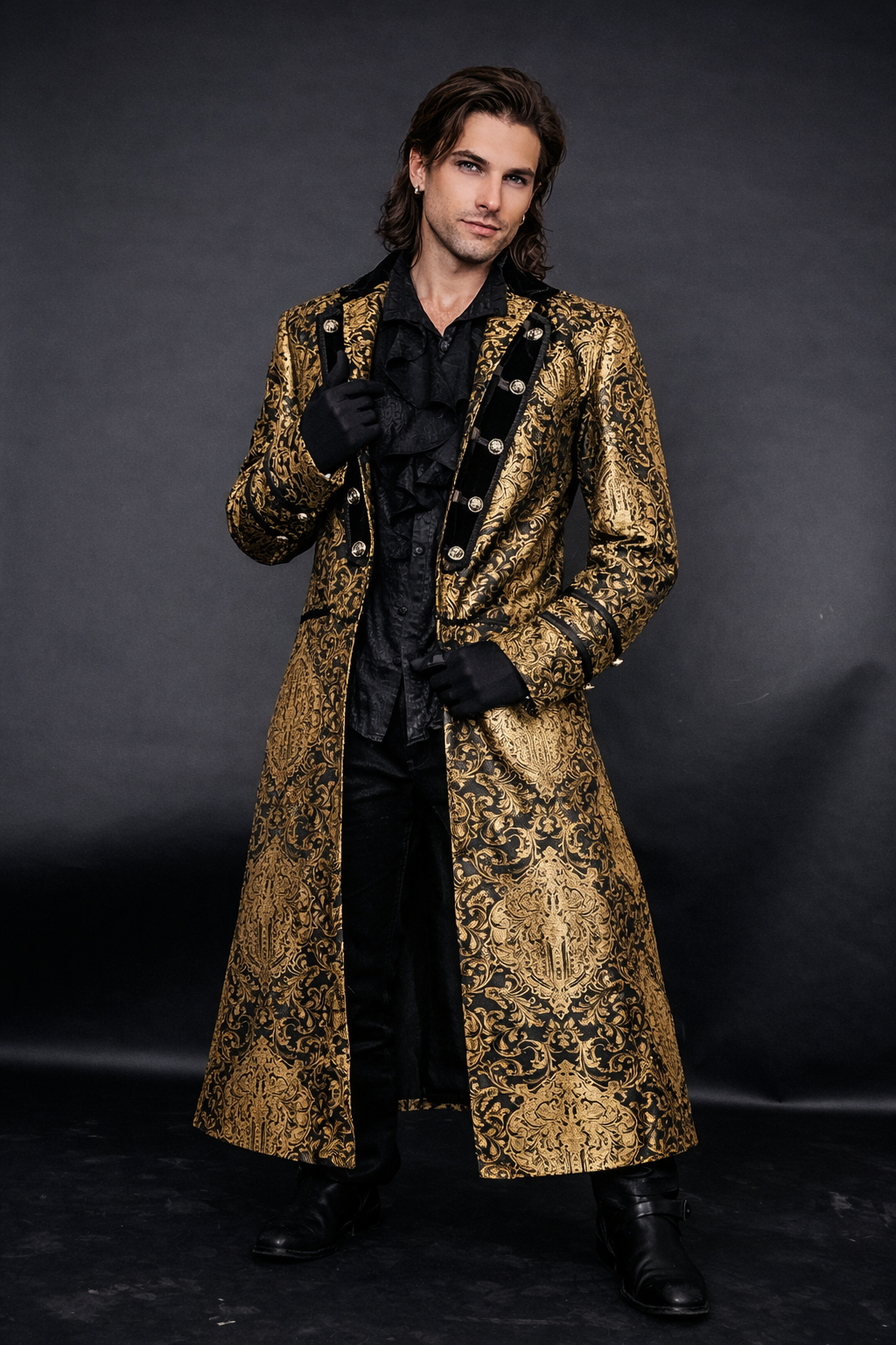 Gold Brocade Coat – Burleska Raven Gothic Jacket worn by a model against a dark backdrop.