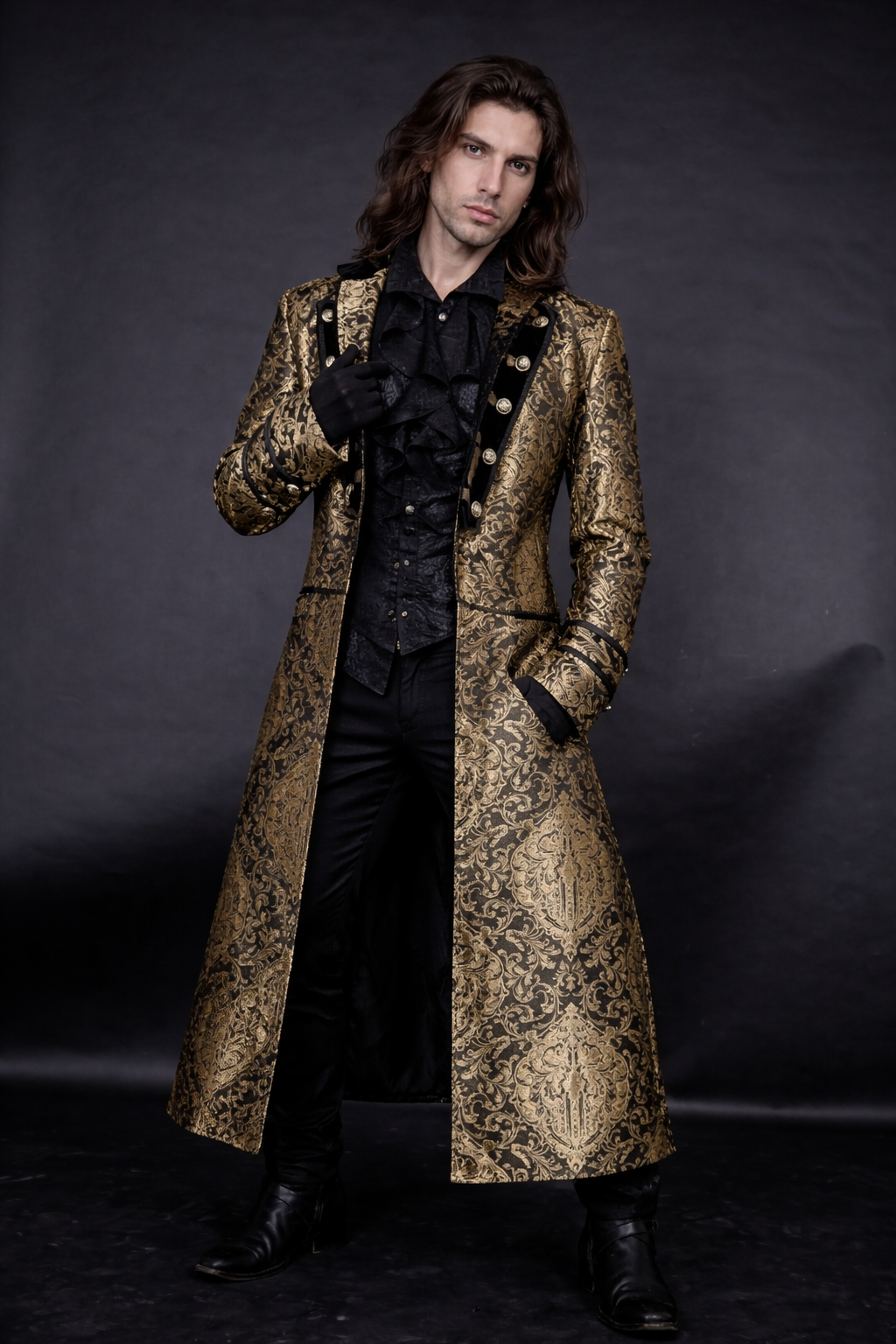 Gold Brocade Coat – Burleska Raven Gothic Jacket worn by a model showcasing the opulent design and tailored fit.