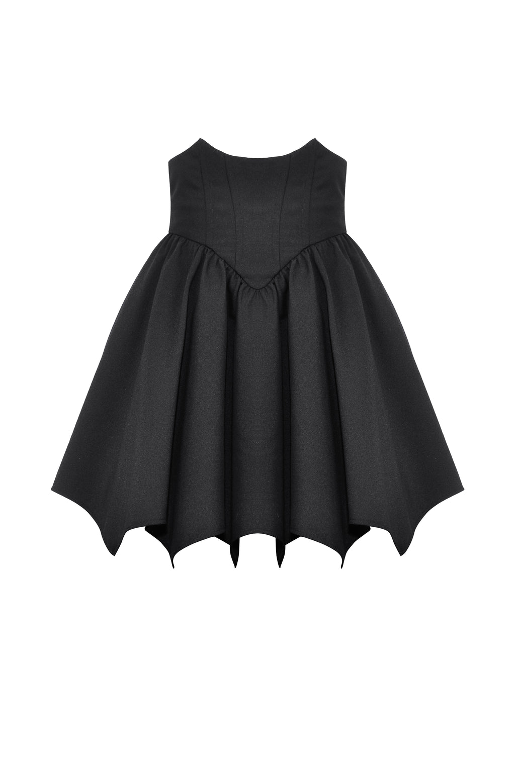 Black high-waisted skirt with bat-shaped hem.