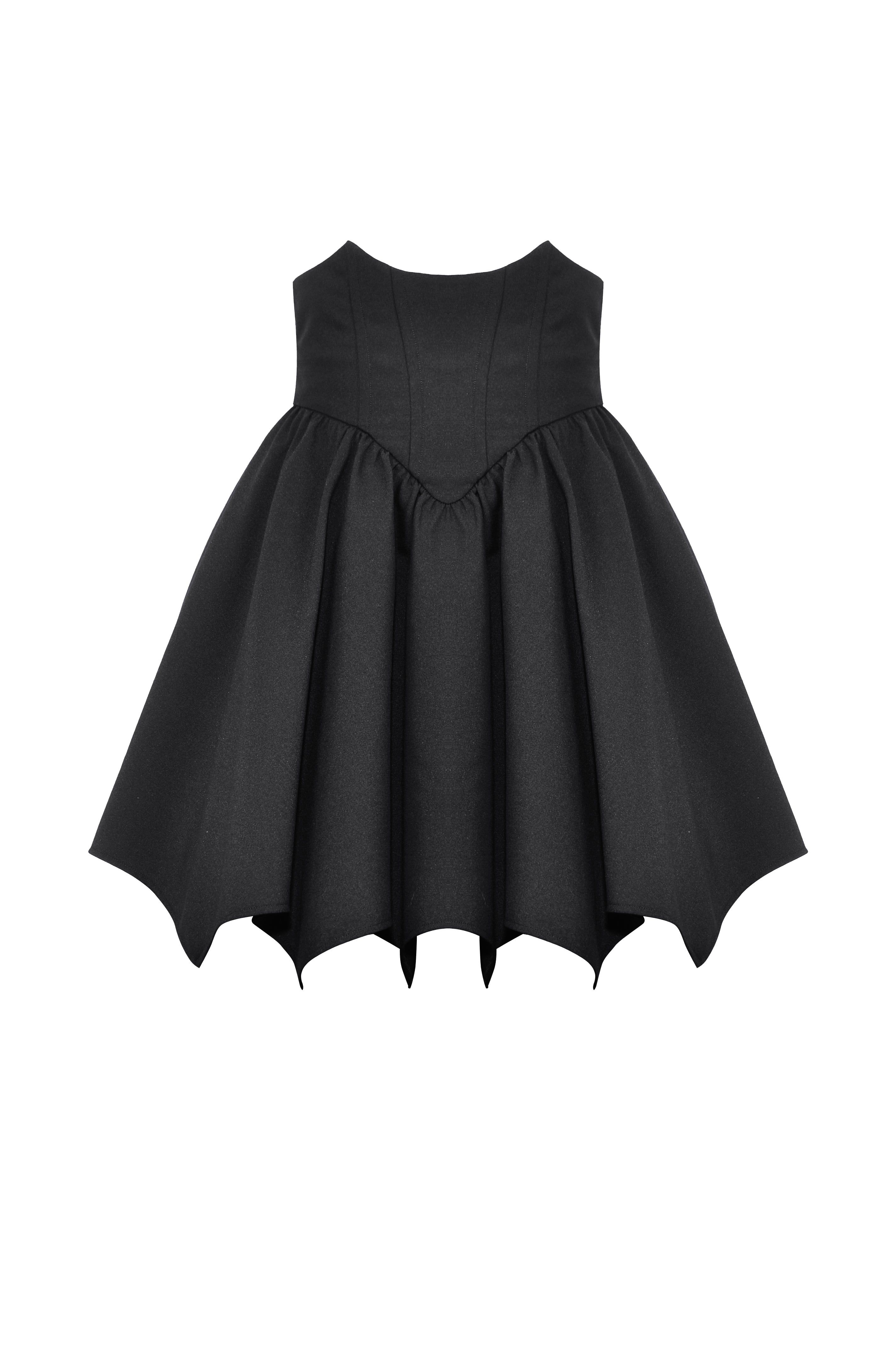 Black high-waisted skirt with bat-shaped hem.