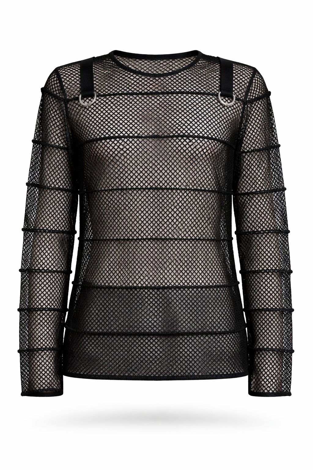Tripp NYC striped mesh jersey top featuring long sleeves, bold stripes, and D-ring detail for a stylish industrial look.
