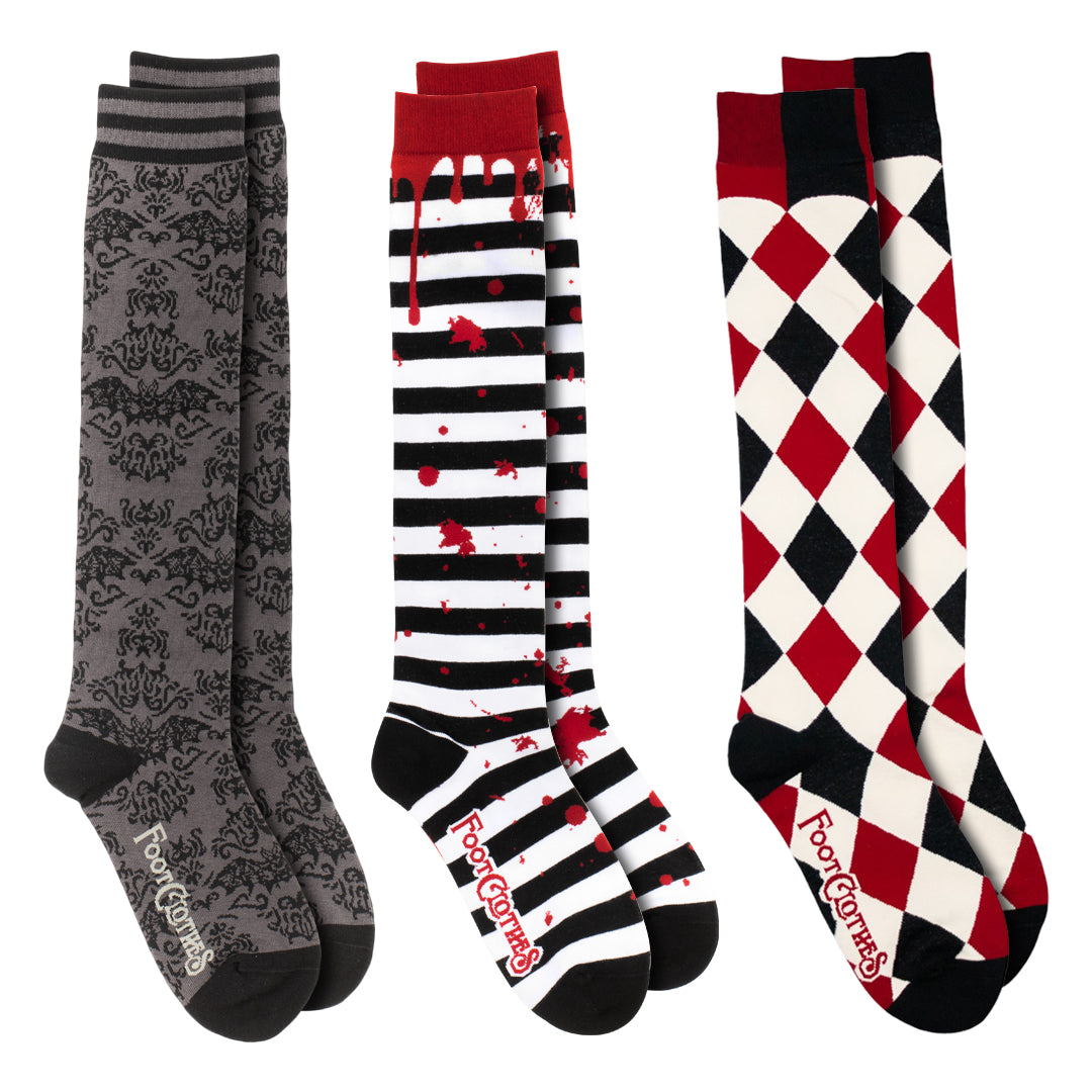 Three-design Mall Goth knee-high sock pack.