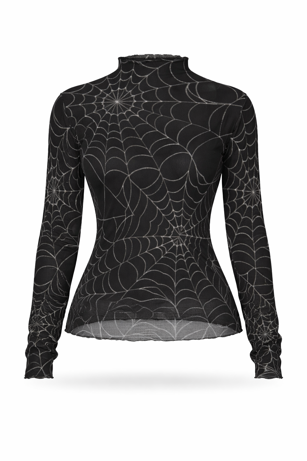 spiderweb mesh long sleeve top featuring a sheer design with a spiderweb print and fitted silhouette.