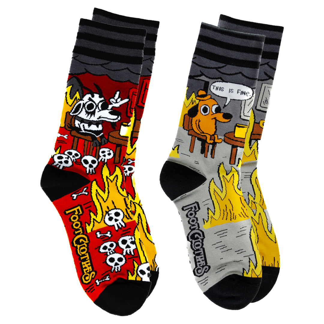 Two-design Metal This Is Fine crew sock pack.
