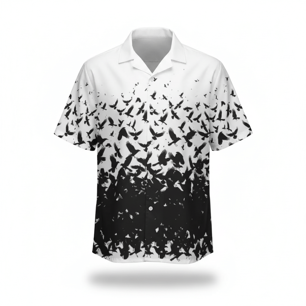 Murder of Crows short-sleeve button-up shirt with white to black gradient and crow silhouette design.