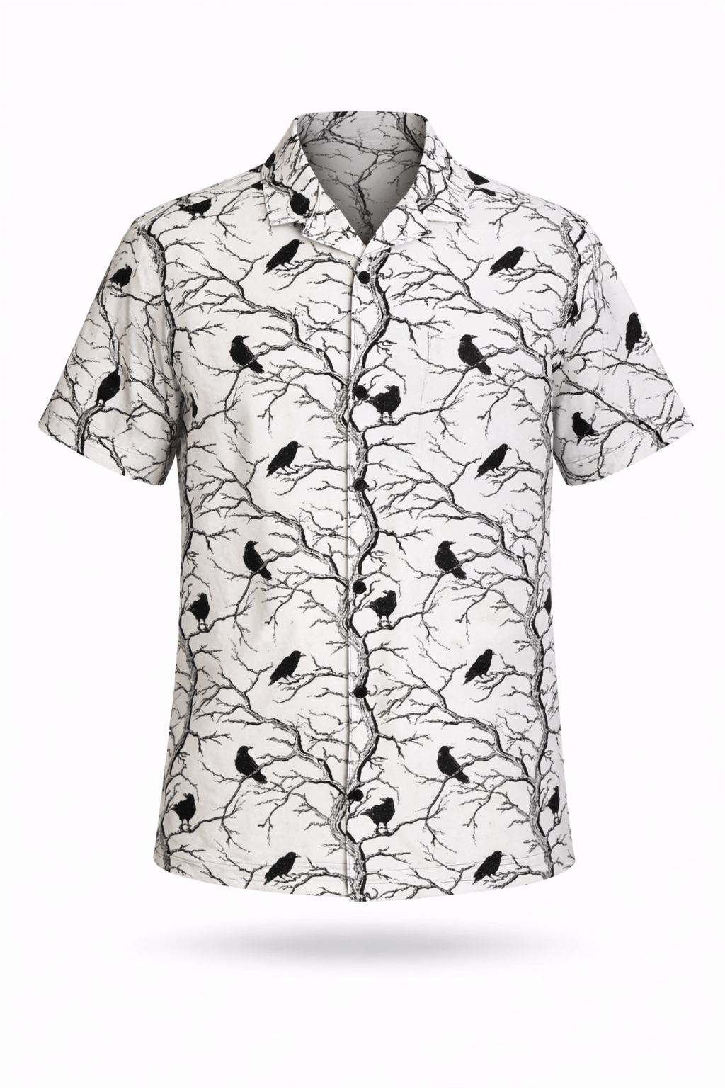 Nevermore Toile men's button-up shirt featuring a unique pattern of dark branches and ravens.