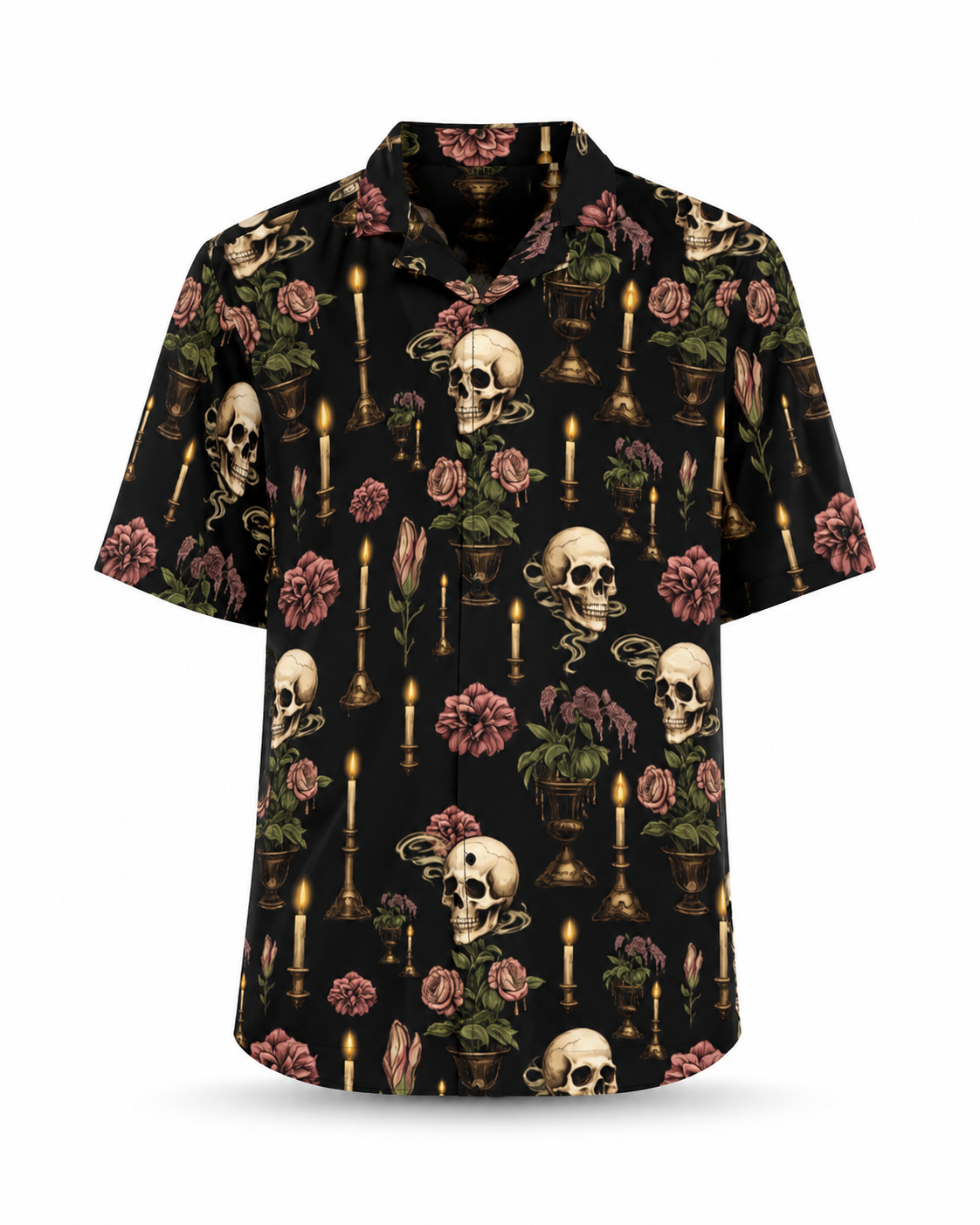 Dark Blooms and Skulls button-up shirt.
