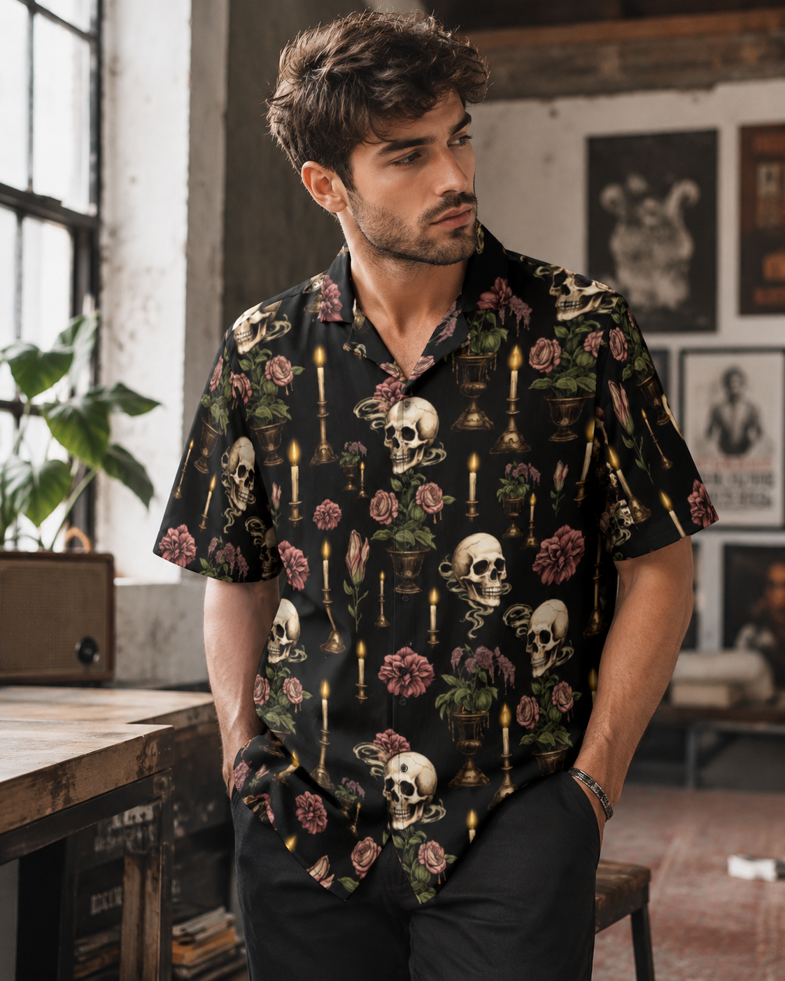 Dark Blooms & Skulls Gothic Button-Up Shirt