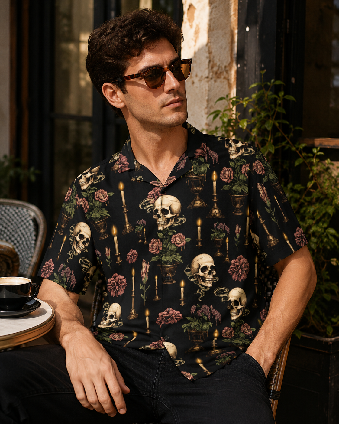Dark Blooms & Skulls Gothic Button-Up Shirt