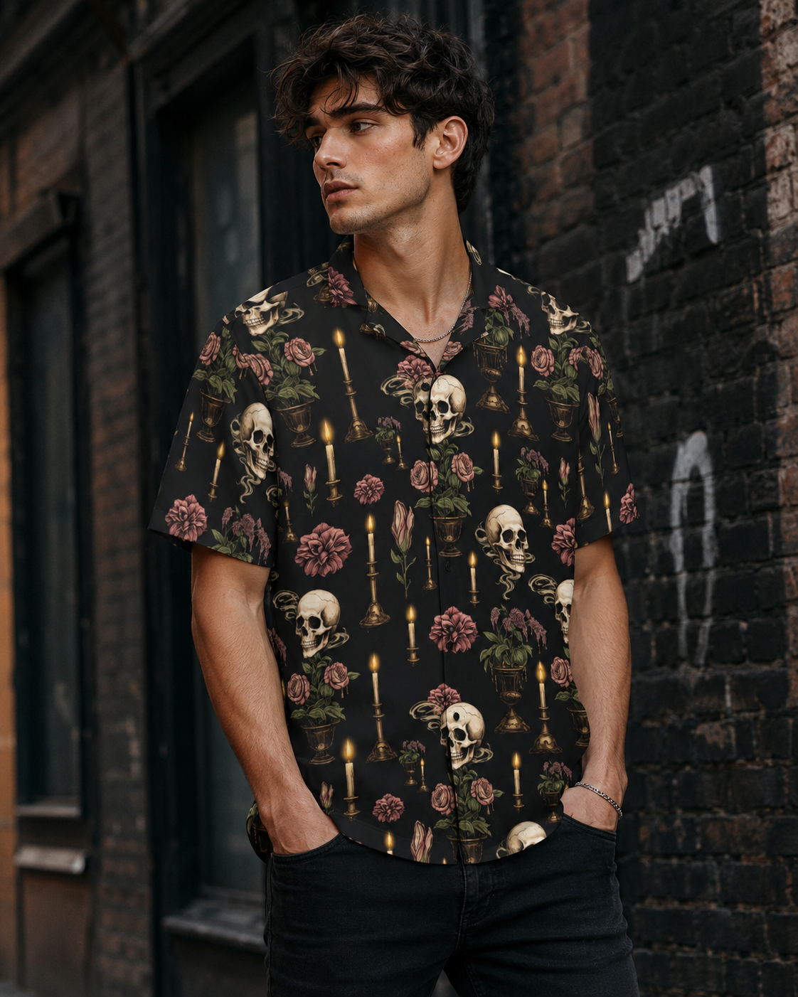 Dark Blooms & Skulls Gothic Button-Up Shirt