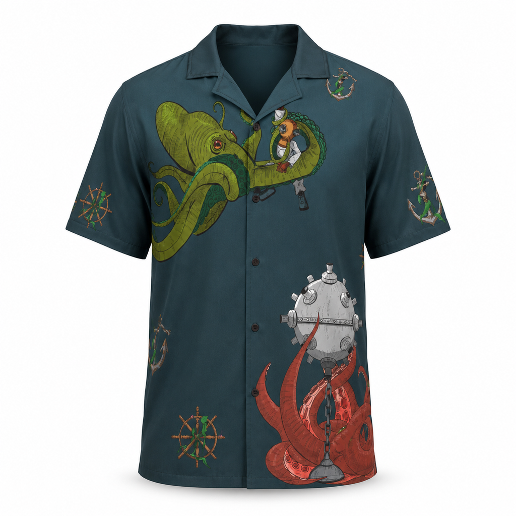A short-sleeve button-up camp shirt in dark teal, featuring a colorful nautical graphic print with a green octopus, a diver, a red octopus, anchors, compass roses, and a ship's wheel.
