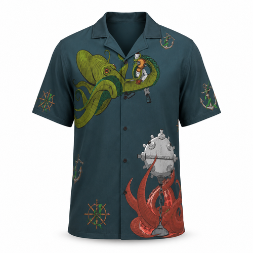 A short-sleeve button-up camp shirt in dark teal, featuring a colorful nautical graphic print with a green octopus, a diver, a red octopus, anchors, compass roses, and a ship's wheel.