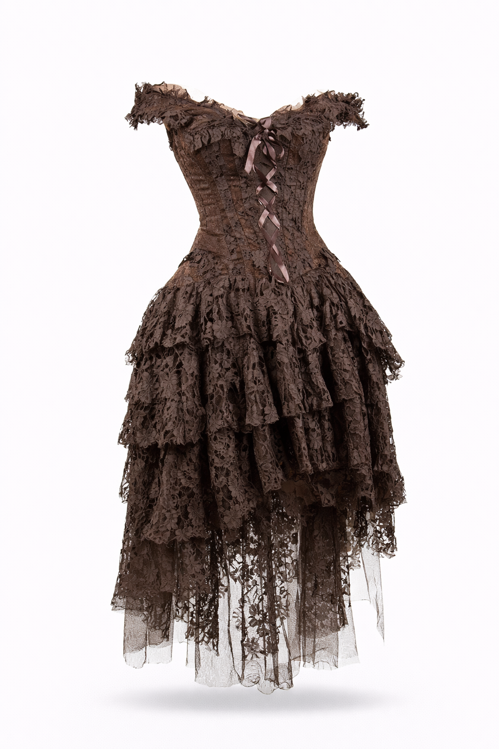 Brown lace corset gown with layered full-length skirt.