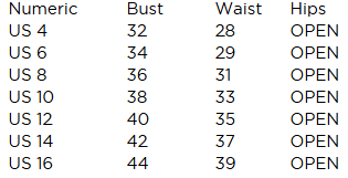 Size chart for Pirate Witch Dress – Gothic Witchy Pirate Costume Outfit showing US numeric sizes, bust, and waist measurements.