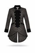 Black pirate tailcoat with velvet lapels and brocade texture.